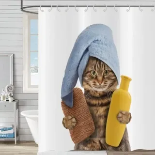 Lustiger Duschvorhang Mit Katzenmotiv (180 X 180 Cm), Hnmdmyi: Niedliche Braune Katze Mit Shampoo, Badeschwamm Und Blauem Handtuch, Wasserdichter Und Waschbarer Duschvorhang Aus Polyestergewebe Mit Ca