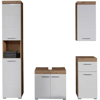 trendteam smart living - 4-teiliges Bad-Set - Bad - Amanda - Aufbaumaß (BxHxT) 112 x 190 x 34 cm - Farbe Weiß Hochglanz mit Artisan Eiche - 139392507