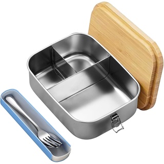 mumisuto Bento Lunchbox, Edelstahl Lunchbox mit Holzdeckel, Bento Box für Kinder, Kinder Brotdose mit Fächern, Lunchbox Erwachsene/Kinder, Edelstahl Brotdose Metall Lunchbox 1200ML