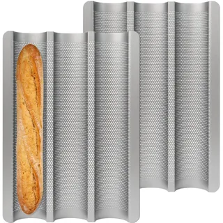 Pilikoll 2 Stück Baguette Backform mit Antihaftbeschichtung (38x27cm) | Baguette-Backblech für 3 Baguettes Brötchen, Backform aus Karbonstahl Brötchen Backform, für Stangenbrote Baguetteform