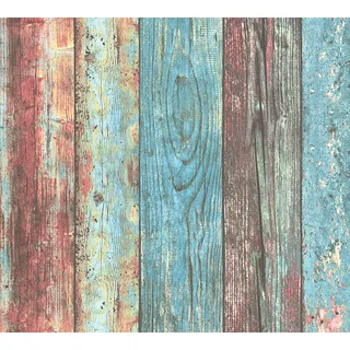 LIVING WALLS Vinyltapete "Pop Up Panel 3D" Tapeten Holzoptik Tapete Selbstklebend Holz Panel Blau Rot 2,50 m x 0,52 m Gr. B/L: 0,52 m x 2,5 m, Rollen: 1 St., bunt (blau, rot, grün) Strukturtapeten