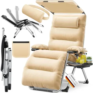 KESSER® Sonnenliege Liegestuhl,Gartenliege Wetterfest, Belastbar 200kg, Ergonomisches Polster verstellbare Rückenlehne inkl. Nackenkissen Getränkehalter Armpolster & Seitentasche mit Dach Beige