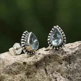 Drachensilber Edelstein Ohrringe Blauer Topas Ohrstecker 925 Silber (Paar) - Silber;Blau