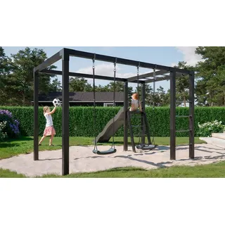 Garten Kinderspielplatz - Model 1 im Maß 198 x 198 x 208 cm - Garten-Kinderspielplatz aus Kiefer/Fichte, schwarz - Spielplatz für den Garten