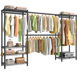 SONGMICS Offener Kleiderschrank, 4 Kleiderstangen, 220 x 40 x 193 cm | Garderobenständer, Schwerlast Kleiderständer aus Metall, 6 Ablagen, für Schlafzimmer, Schwarz, DALTEN Kollektion LGR438BH01