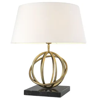 Casa Padrino Luxus Tischleuchte Antik Messing / Schwarz / Weiß Ø 50 x H. 57 cm - Messing Tischlampe mit Marmorsockel und rundem Lampenschirm