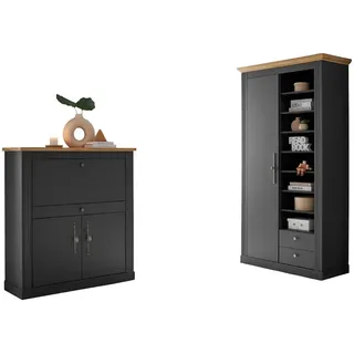 Büromöbel-Set OTTO HOME "Westminster, wohnliches Home-Office, Büro in zwei Farben verfügbar", schwarz (dunkelgrau), Holzwerkstoff, Arbeitsmöbel-Sets, Büromöbel-Set, enthält Sekretär und Stauraumschrank im Landhausstil, mit Kabelkanal