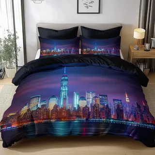 Generisch Bettwäsche 135x200cm Skyline Von New York City Bei Nacht BettwäSche Set 3D Drucken Mikrofaser Bettbezug und 2 Kissenbezug 80x80cm mit Reißverschluss, für Kinder Teen und Mädchen