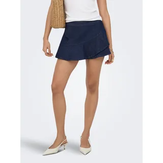 Hosenrock ONLY "ONLRANJA REG FRILL DNM SKORT GUA", Damen, Gr. L (40), blau (dunkelblau denim), Denim/Jeans, Obermaterial: 83% Baumwolle, 16% Polyester, 1% Elasthan, unifarben, mini, Röcke, Baumwollmischung, Denim, Rüschen