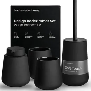 blackswedenhome. Badezimmer Set Schwarz - Hochwertiges Keramik Set - Seifenspender schwarzs, Zahnputzbecher, Toilettenbürste mit Silikonborsten - Nordic Design, Badaccessoires matt, Seifenspender Bad