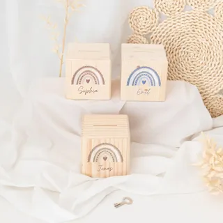 wunderwunsch Personalisierte Kinderspardose, Spardose, blau | Holzspardose Kinder personalisiert, Taufgeschenke für Kind, Baby Geschenk Geburt, Holz Sparschwein
