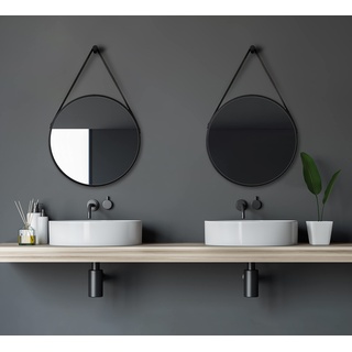 Talos Black Style Spiegel rund Ø 50 cm – runder Wandspiegel in matt schwarz – Badspiegel rund mit hochwertigen Aluminiumrahmen – Badezimmerspiegel mit trendigem Aufhänge Band in Lederoptik