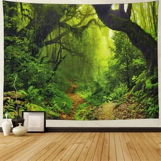 Jorisa Tropisch Regenwald Tapisserie Wandteppich,Grün Dschungel Wald Bäume Hintergrund Stoff Natur Landschaft Wandtuch Wandbehang Haus Dekoration für Wohnzimmer,Schlafzimmer,Wohnheim,150x200cm