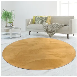 TeppichHome24 Teppich Teppich gold weich pflegeleicht saugrobotergeeignet für Wohnbereiche, rund gelb rund | 160 cm x 160 cm
