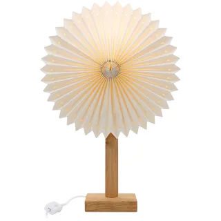 hellum Tischlampe mit Design Papier Lampenschirm Sunny mit LED Glühbirne, Weiß Papierschirm mit Fuß aus Holz und Metall. Deko Tischleuchte mit 1,5m Kabel mit Stecker mit Schalter, Höhe 60 cm 578744