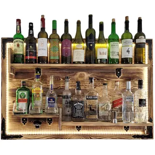 weeco Hängendes Regal an der Wand LED Beleuchtung, rustikale Wandbar, Wandregal für Whisky, Rustikaler Alkohol, Gin, Alkoholständer, Weinstand, Wandbarregal, Weinstand