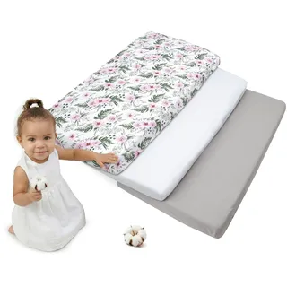 Medi Partners Spannbettlaken 60x120 3-Pack Baby Bettlaken Kinderbett Spannbetttuch 100% Baumwolle - Fitted Kinder Sheet Bettwäsche Babymatratze Schlafsack Babybett (Blumen-Weiß-Graue)