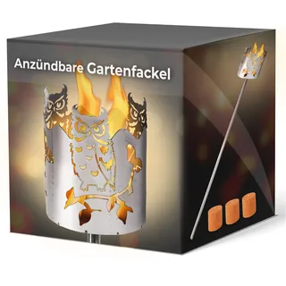 Gartenfackel für draußen Motiv Eule 3x Brennelemente - Holzspäne mit Wachs - Schwedenfackel Pelletfackel Feuersäule Flammschalen Wachsfackel Gartenleuchte