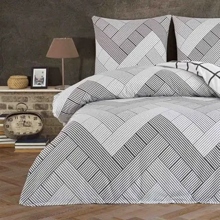 Style Heim Biber Bettwäsche 135x200 cm Flauschige Winterbettwäsche 2 Teilig 100% Baumwolle mit Reißverschluss Bettwäsche-Set Kissenbezug 80x80cm, Wendebettwäsche Zick Zack Muster, Weiß Grau