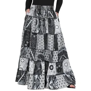 KUNST UND MAGIE Sommerrock Langer Damen Rock Maxirock Patchwork Boho Goth Baumwolle Vintage grau|schwarz