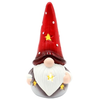 Dekohelden24 LED Keramik Gnom-Wichtel mit Mütze, in rot, grau und weiß, L/B/H 7,5 x 6,5 x 14,5 cm, bunt