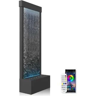 LONGRUN Gartenbrunnen Groß, Zimmerbrunnen Wasserfall mit Bluetooth Kontrolle LED Beleuchtung, 45,5x20x123cm Edelstahl Garten Wasserwand Innenbereich mit Pumpe, Moderne Zierbrunnen Wasserfall - Schwarz