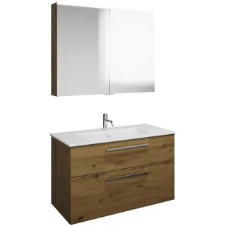 burgbad Eqio Badmöbel-Set 102 cm mit Keramik-Waschtisch Slim und Unterschrank mit Stangengriff P95, mit Spiegelschrank, Badmöbel,