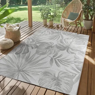 SIMPEX Outdoor Teppich Grau 140x200 cm Wetterfest UV-beständig Pflegeleicht Palmblätter Design für Küche Balkon Terrasse Garten Wohnzimmer