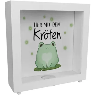 Frosch Rahmen Spardose aus Holz mit Spruch Her mit den Kröten EIN buntes Sparschwein zum Sparen Teenager süße Kawaii Sparbüchse Kinder Comic Kinderzimmer witziges niedlich Kröte