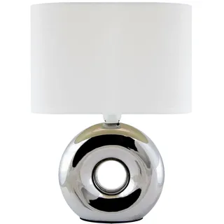 Licht-Erlebnisse Tischleuchte Weiß Chrom H: 26,5 cm klein Keramik Fuß Stoff Schirm E14 Nachttischlampe Schlafzimmer Tischlampe Wohnzimmer