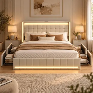 DULRLLY Polsterbett 160x200 mit 4 Schubladen, LED und USB-Ladefunktion | Doppelbett mit Stauraum, Steckdose, RGB-LED Kopfteil - & Fußteil, Jugendbett Bettgestell mit Lattenrost für Schlafzimmer