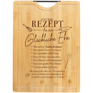 Schneidebrett aus Bambus mit Griff, glückliche Ehe Rezept als Gravur, personalisiertes Holzbrett für Hochzeit, Küchenbrett mit 2 Namen, Servierbrett zum Grillen, Geschenk für Paare