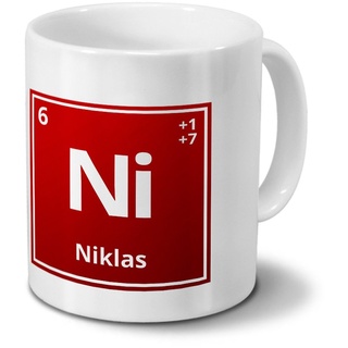 Tasse mit Namen Niklas als Element-Symbol des Perioden Systems - rot - Namenstasse, Kaffeebecher, Mug, Becher, Kaffeetasse
