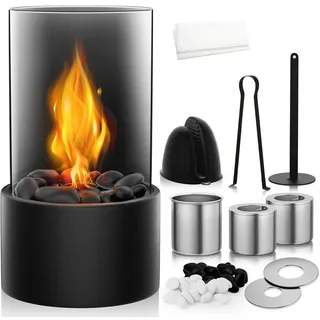 Tabletop Tischfeuer Tischfeuer Tischkamin Bioethanol Kamin mit Glas Dekosteinen Schwarz (Tischfeuer Set mit 2 Brennkammern Flammenringen Zange und Handschuhen, Bioethanol Tischkamin Komplettset inklusive Zubehör für innen außen), Freistehender Tischkamin aus Glas und Stahl mit Löschhilfe 10tlg Set schwarz