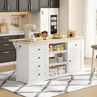 Sideboard,kücheninsel, Bar-schrank Mit 5 Schubladen, 2 Ausziehböden, Klappbarer Erweiterungsplatte Und Integrierten Steckdosen, Für Küche, Esszimmer Und Wohnzimmer, Weiß, 150×65×75 Cm