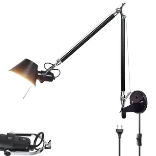 LOGT Verstellbar Wandleuchte mit Schwenkarm Lange Arm Wandlampe mit Schalter und Stecker Vintage Wandbeleuchtung Schwarz Drehbare Wand Leselampe Aluminium Schalterlampe für Schlafzimmer Wohnzimmer