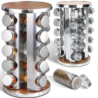 Retoo Gewürzregal drehbar, Edelstahl, Silber, 16 Gläser à 90 g | Set 19 x 19 x 28,5 cm, Glasbehälter Ø 4 cm, Höhe 9,5 cm, Holzelemente