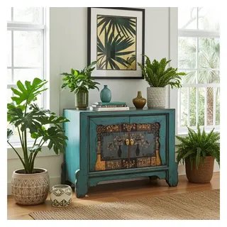 OPIUM OUTLET Kommode Schrank Sideboard Anrichte Büffet Asia Vintage Möbel (komplett montiert, asiatisch chinesisch orientalisch), Breite x Tiefe x Höhe: 90 cm x 42 cm x 70 cm blau