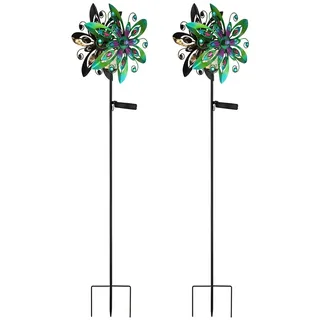 GLOBO LIGHTING LED Solarleuchte 2er Set Gartenstecker Windrad Höhe 124cm, LED fest integriert, warmweiß, Ausgefallene Solar-lampen Garten-leuchten mit Erdspieß & Windspiel bunt