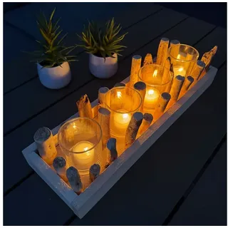 Online-Fuchs Teelichthalter Kerzenständer aus Treibholz mit Glaseinsätzen - Maritime Dekoration (naturbelassenes Holz, 3er oder 4er Set), Deko für Frühling, Sommer, Terrasse und Balkon beige