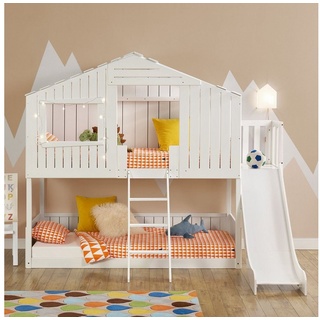 Juskys Kinderbett Baumhaus, 90x200 cm, Hochbett im Baumhaus-Stil, mit Rutsche, Dach, Lattenrost weiß