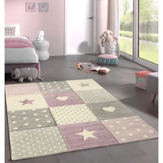 Mia's Teppiche Marie Kinderteppich, Teppich Kinderzimmer, Junge & Mädchen, Pastell, Modern, Kariert, Punkte, Herzen, Herzen-lila, 200x290 cm