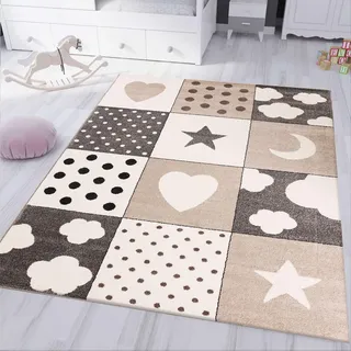 VIMODA Kinderteppich kinderzimmer Teppich Babyteppich mit Herz Stern Wolke Flauschig Beige, Maße:120x170 cm