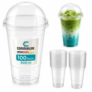 Commerline Smoothie Becher, 500 ml, 100 Stück, Slush Becher mit Domdeckel