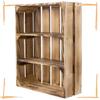 Truhenking Flache Regalkiste mit 3 Fächern – geflammt – Holzkiste als Wandregal – Shabby Chic - 50x40,5x16cm