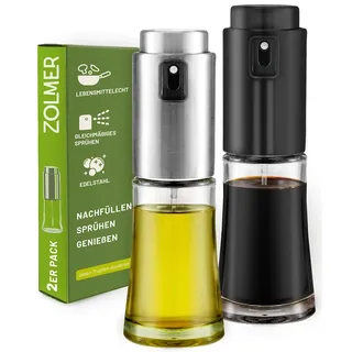 ZOLMER Ölsprüher für Speiseöl 2er Set – ölspray für heißluftfritteuse, Küche, Kochen & Grill – öl sprühflasche glas und Edelstahl – BPA-frei, nachfüllbar, fein sprühend
