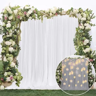 RYB HOME Weiße Hochzeitshintergründe, doppellagige Hintergrundvorhänge mit Tüll-Overlay, Party-Hintergrund, Vorhänge für Zeremonien, Familientreffen, Fotografie, B 1,5 m x 2,4 m, 2 Paneele