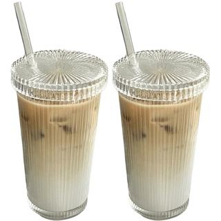 Kaffee Gläser 375 ml Glas mit Deckel und Strohhalm Vertikal Gestreifte Gläser Bubble Tea Becher Eiskaffee Gläser Transparent Gerippte Gläser für Kaffee Milch Saft Bubble Tee (2 Stück)