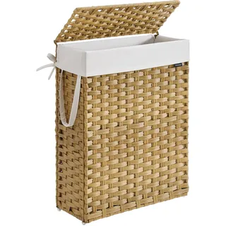 SONGMICS Wäschekorb schmal, Wäschesammler 55 L, Wäschebox aus synthetischem Rattan, mit Deckel und Griffen, geflochten, faltbar, herausnehmbarer Wäschesack, pastellgelb LCB164N01
