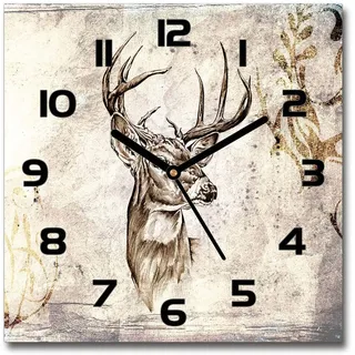 Tulup Glasuhr - 30x30cm - Schwarze Zeigern - Wanduhr Wandkunst Bild Gehärtetem Glas Uhr Echtglas Küche Wohnzimmer - Hirsch
